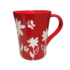 STARBUCKS 2007 ETCHED Red & White Flowers & Butterflies Coffee Mug / Tea Cup